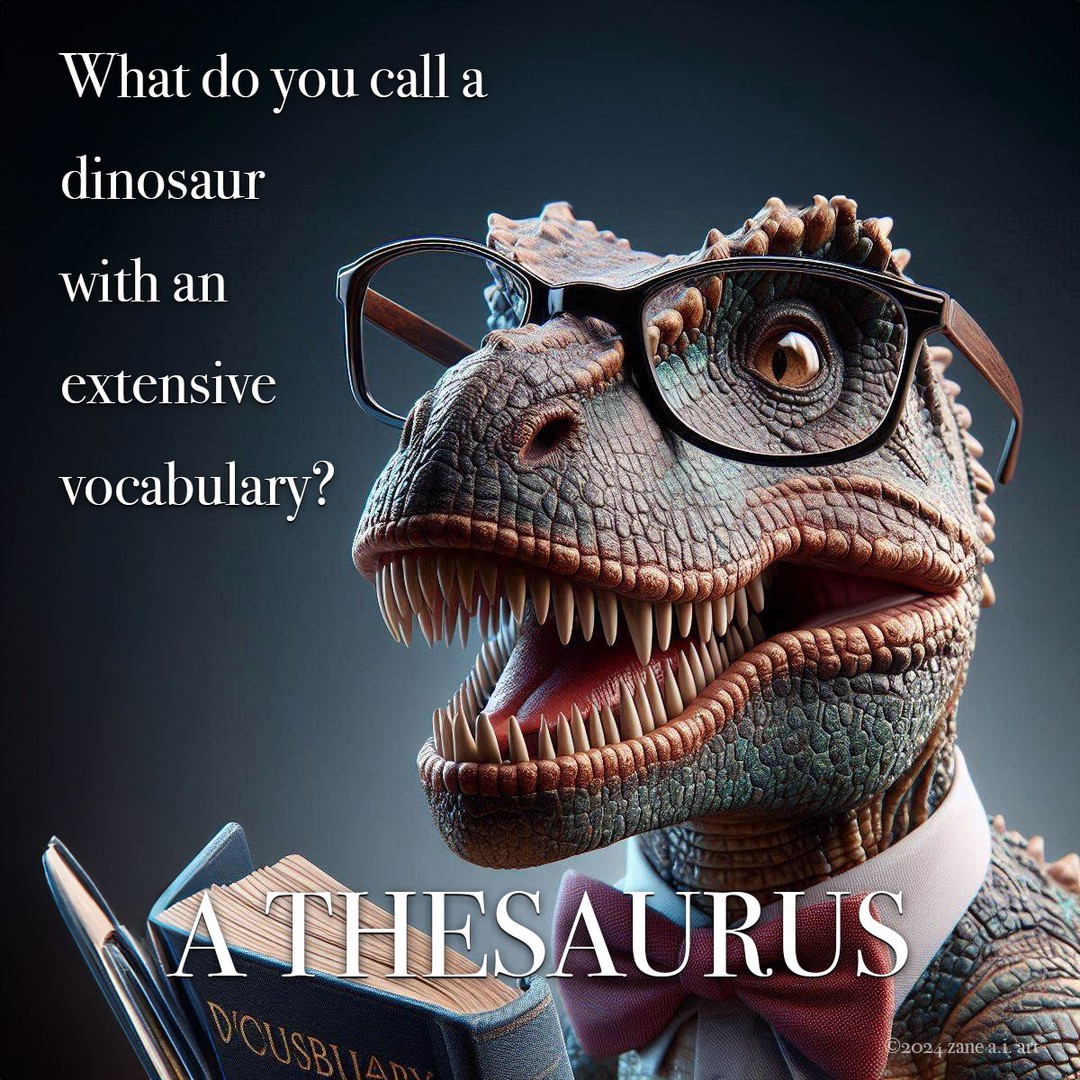 What do you call a dinosaur with an extensive vocabulary?
A thesaurus.
#thesaurus #dinosaur #vocabulary #extensive #wordnerd #wordplay #playonwords #pun #joke #humor #funny #cartoon #illustration #art #dino #paleontology #dinohumor #smartdino #studious #glasses #bowtie #dictionary #zaneai #zaneaiart @zaneaiart @nikzane