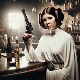 Calamity Leia #wildweststarwars #starwars #princessleia #cowgirl #blackandwhite #grok #grokai #zaneai #zaneaiart @zaneaiart