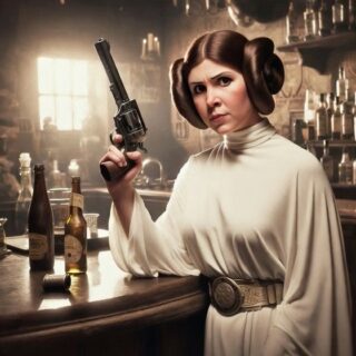 Calamity Leia #wildweststarwars #starwars #princessleia #cowgirl #blackandwhite #grok #grokai #zaneai #zaneaiart @zaneaiart